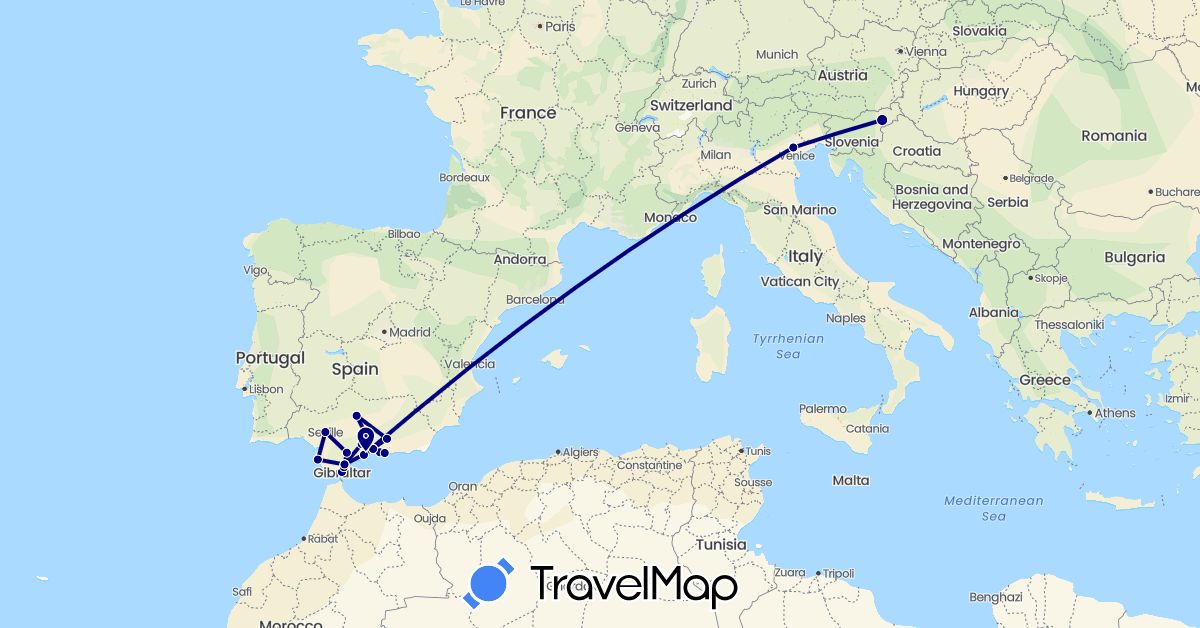 TravelMap itinerary: driving in Spain, Gibraltar, Italy, Slovenia (Europe)